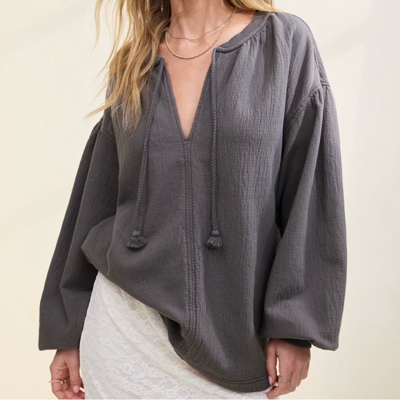aerie Tops - aerie Charcoal Gray Textured V-Neck Top with Tassel Tie
